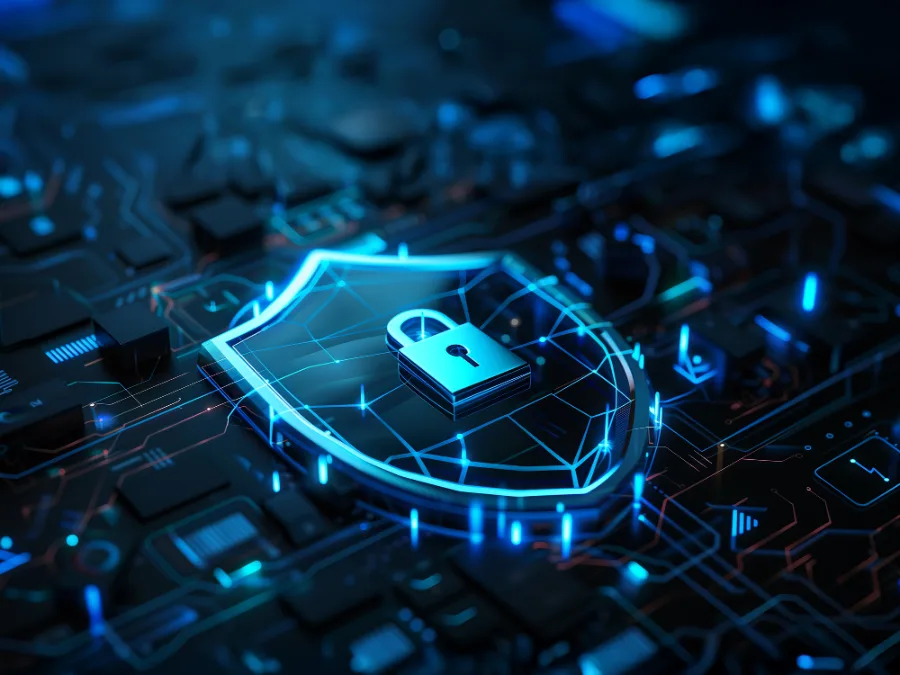 Bouclier lumineux frappé d'un cadenas sur un circuit électronique, image d'une règle qui protège les e-mails sortants