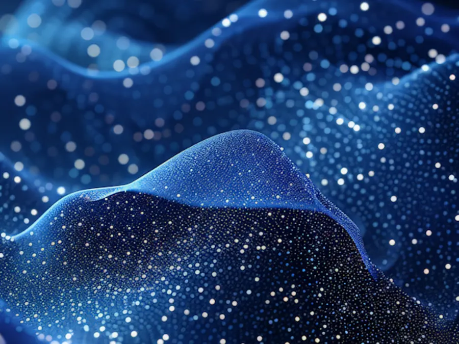 Relief de particules bleues scintillantes, image d'un réseau où circulent des requêtes discrètes