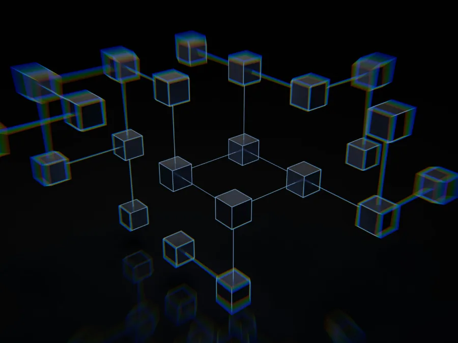Réseau de cubes translucides reliés par des lignes fines sur fond noir, image des données envoyées vers un modèle d'IA