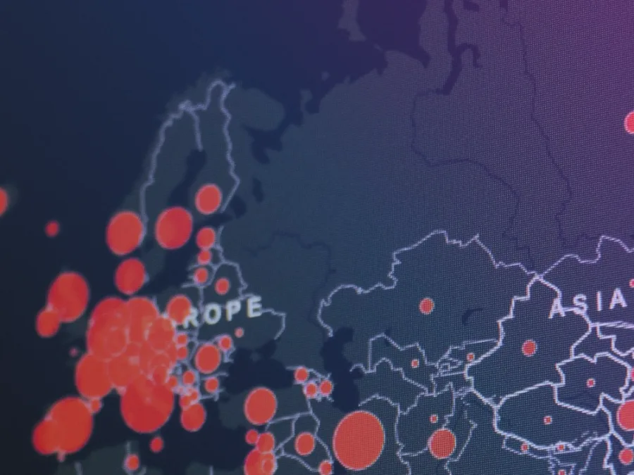 Carte de l'Europe et de l'Asie parsemée de points rouges, image d'indicateurs suivis dans le temps