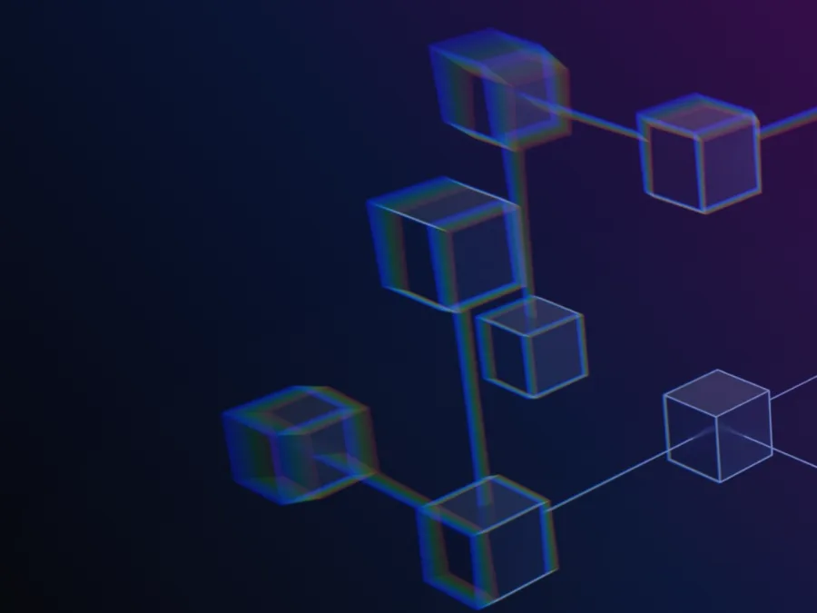 Réseau de cubes reliés entre eux sous un voile bleu et violet, image d'une architecture cloud recomposée