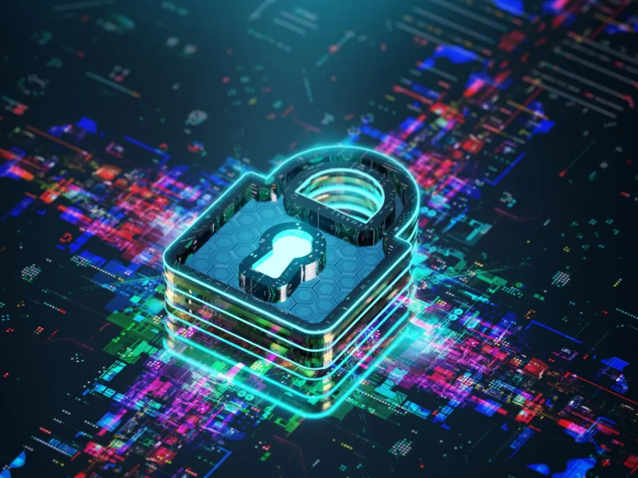 Cadenas lumineux cyan posé sur un circuit traversé de flux de données colorés, image de la protection des données