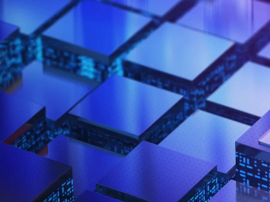 Blocs de puces électroniques en damier bleu et violet, image des savoir-faire industriels à protéger