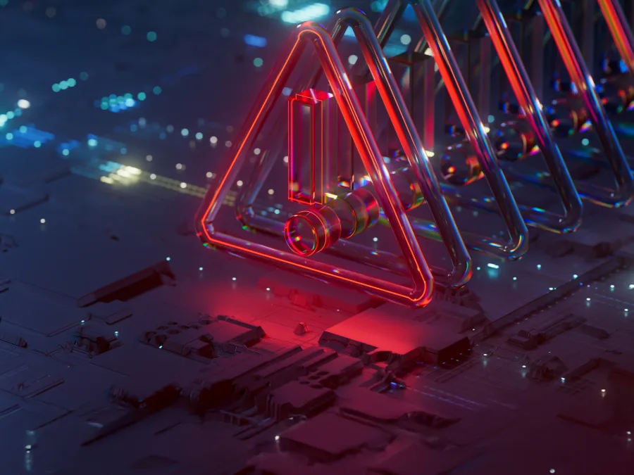 Triangles d'avertissement lumineux rouges alignés sur un circuit électronique, image du risque de fuite de données