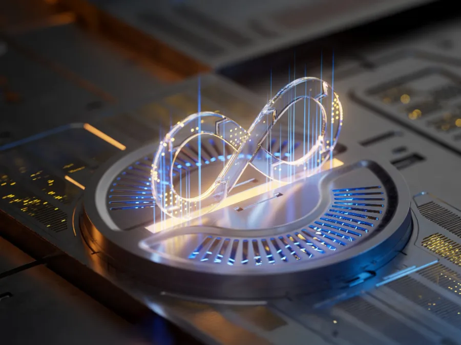 Symbole de l'infini lumineux posé sur un circuit électronique, image d'une validation qui tourne en continu