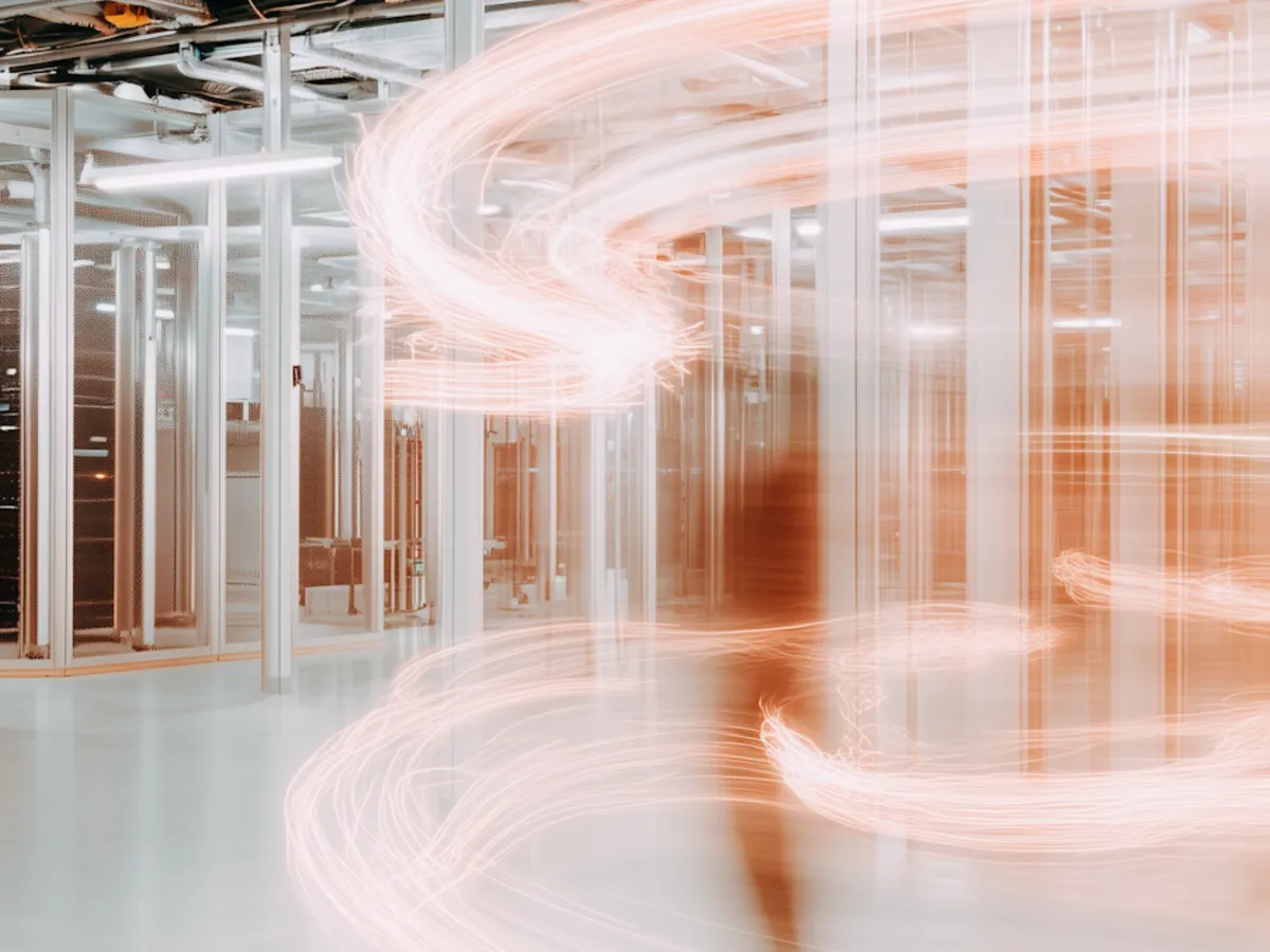Flux lumineux traversant un centre de données, comme des données qui cherchent une sortie