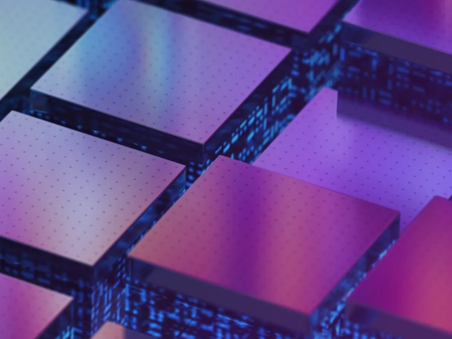 Pavés lumineux bleus et violets alignés en grille, image de données rangées par niveau de sensibilité