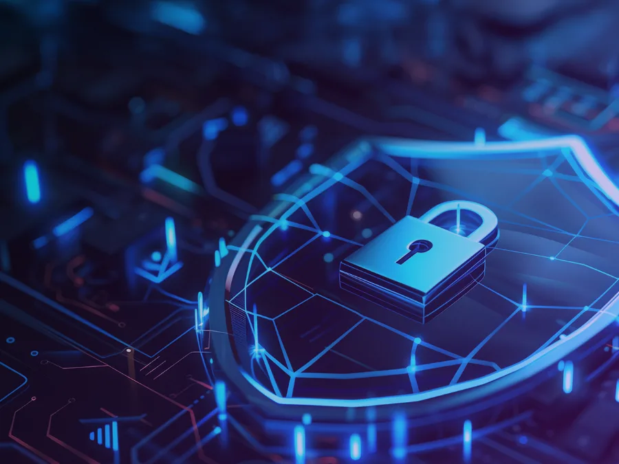 Bouclier lumineux et cadenas sur un circuit bleu, image des corrections qui referment les chemins de fuite