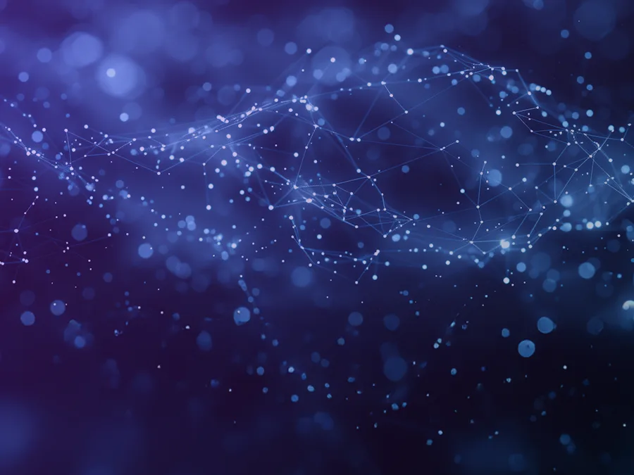 Nuage de particules bleues reliées entre elles, image des données qui circulent vers le cloud