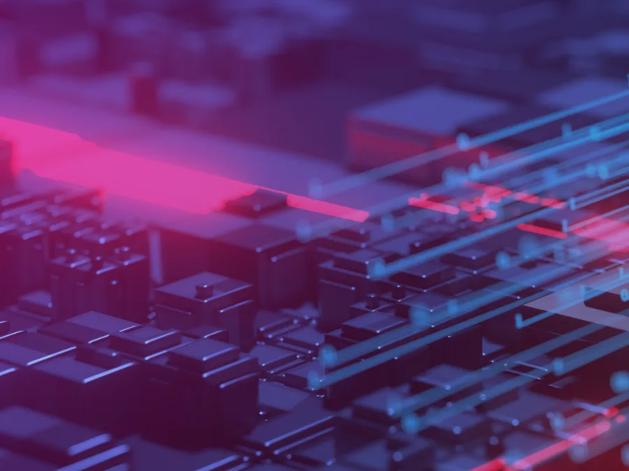 Composants d'un circuit traversés de traînées lumineuses, image du poste de travail et de ses sorties